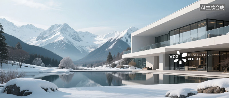 【AI数字艺术】雪山脚下现代建筑与静谧湖景图片素材