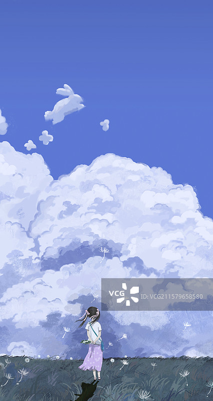 站在蓝天下的小女孩 插画图片素材