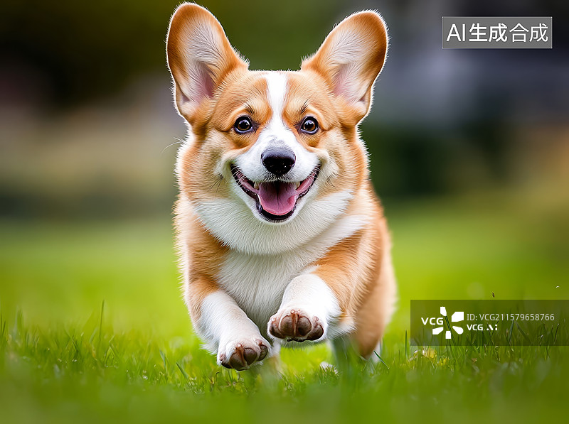 【AI数字艺术】快乐的柯基犬在草地上奔跑图片素材