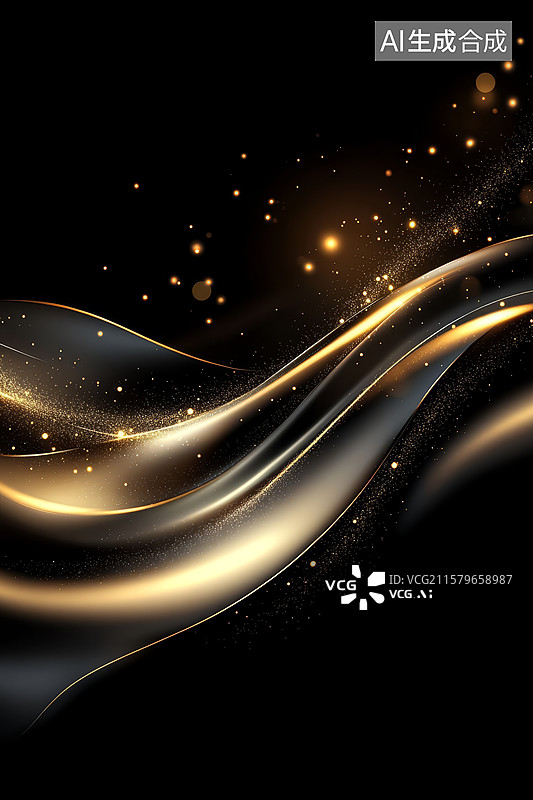 【AI数字艺术】金色流线与星光点缀的黑色背景图片素材