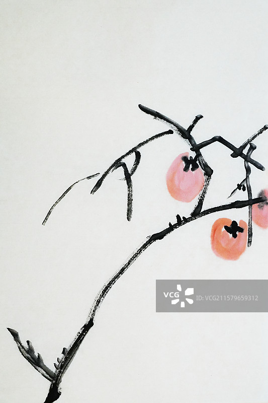 手绘插画齐白石风格中国画 秋天 立秋 中秋 柿子 水果 事事如意图片素材