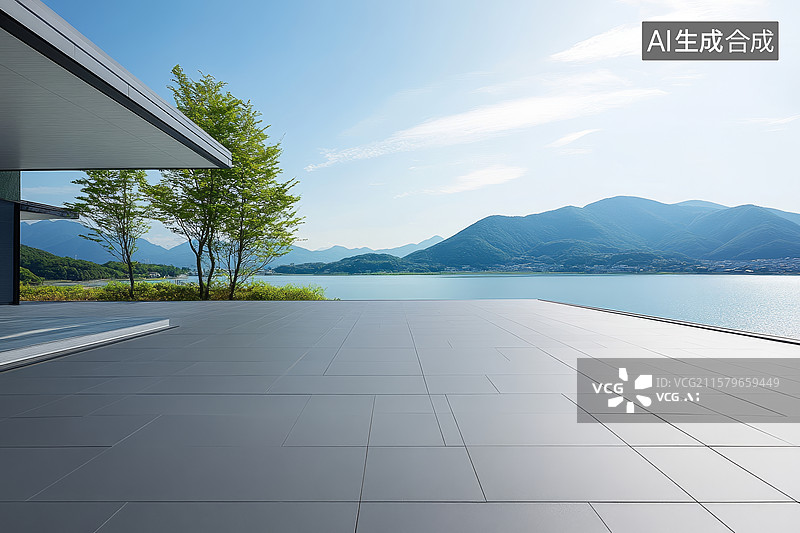 【AI数字艺术】现代建筑露台与湖山美景图片素材