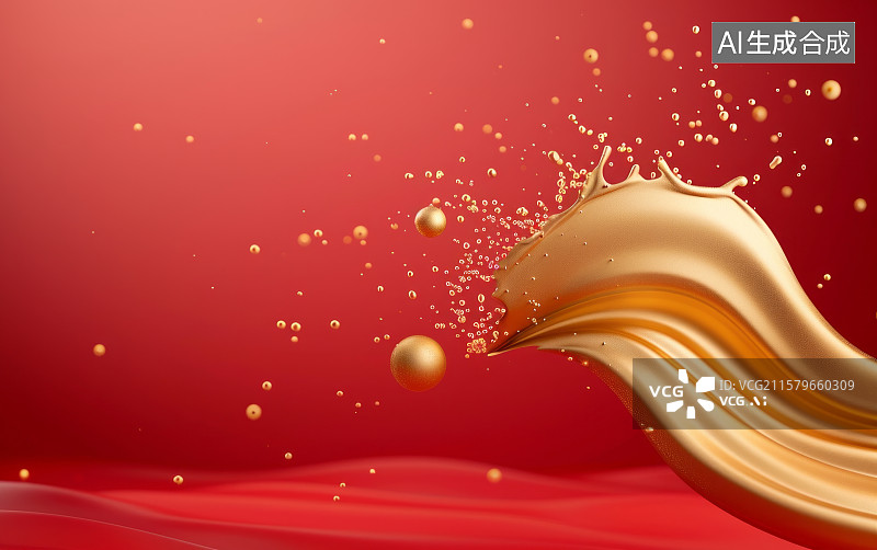 【AI数字艺术】红色背景上飞溅的金色液体图片素材
