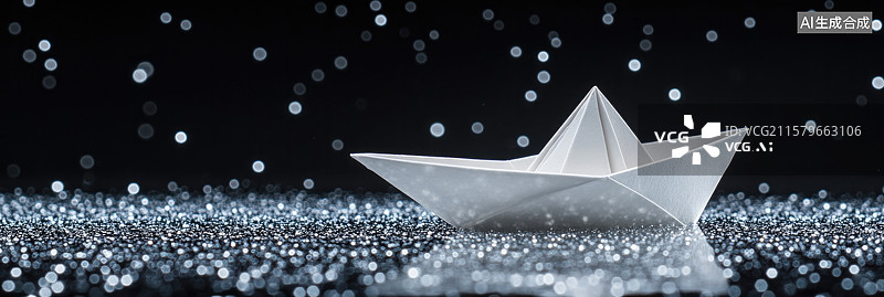【AI数字艺术】梦幻白色纸船漂浮于宇宙海洋极简梦境象征希望与旅程金融科技年会激励主题图书杂志封面海报图片素材
