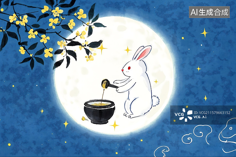 【AI数字艺术】嫦娥的玉兔在月亮上捣药 中国神话故事 桂花 中秋节 儿童绘本动漫插图图片素材