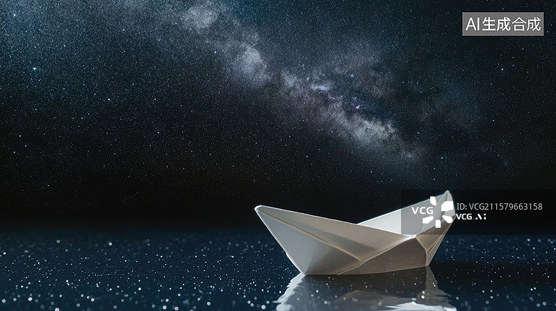 【AI数字艺术】梦幻白色纸船漂浮于宇宙海洋极简梦境象征希望与旅程金融科技年会激励主题图书杂志封面海报图片素材