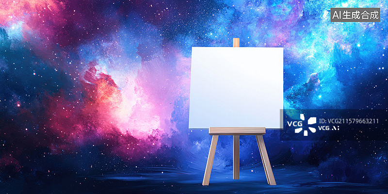【AI数字艺术】宇宙虚空中极简白色画板画架抽象梦境象征无限可能太空探索、创新和未来主题图片素材