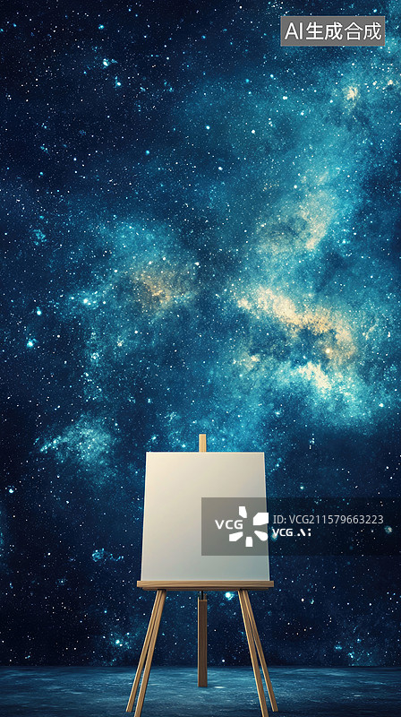 【AI数字艺术】宇宙虚空中极简白色画板画架抽象梦境象征无限可能太空探索、创新和未来主题图片素材