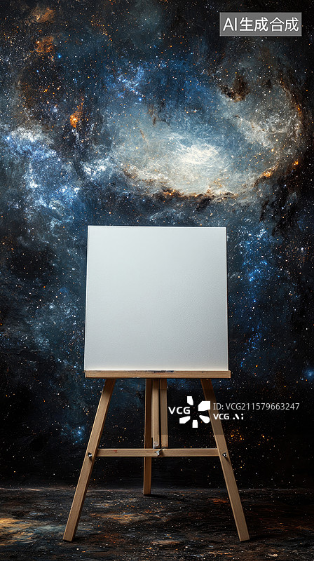 【AI数字艺术】宇宙虚空中极简白色画板画架抽象梦境象征无限可能太空探索、创新和未来主题图片素材