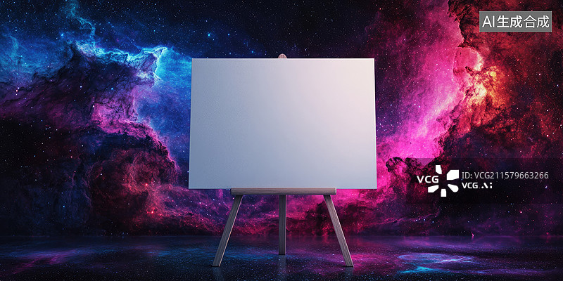 【AI数字艺术】宇宙虚空中极简白色画板画架抽象梦境象征无限可能太空探索、创新和未来主题图片素材