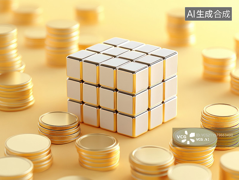 【AI数字艺术】优雅财富浅黄背景上白金矩形被金币环绕3D渲染极简设计金融科技、年度报告和经济图片素材