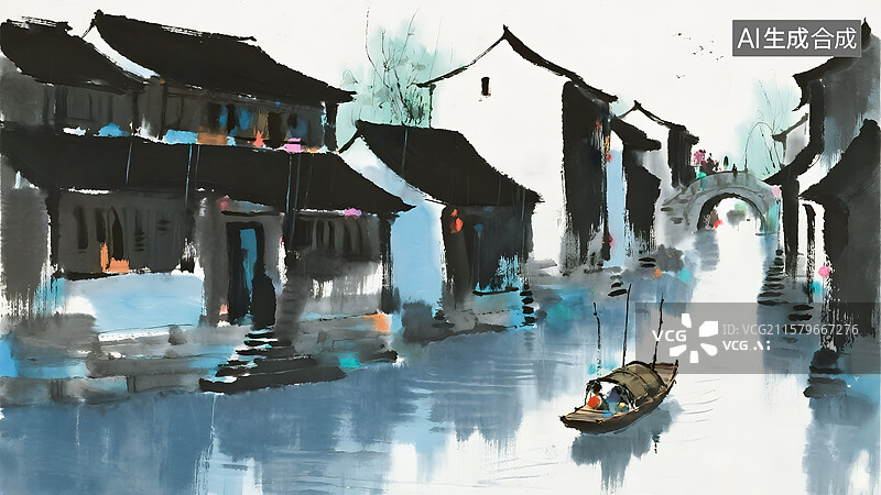 【AI数字艺术】抽象水墨画江南水乡小桥流水写意风景画卷图片素材
