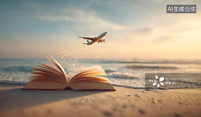 【AI数字艺术】海边书页与飞翔的鸟图片素材