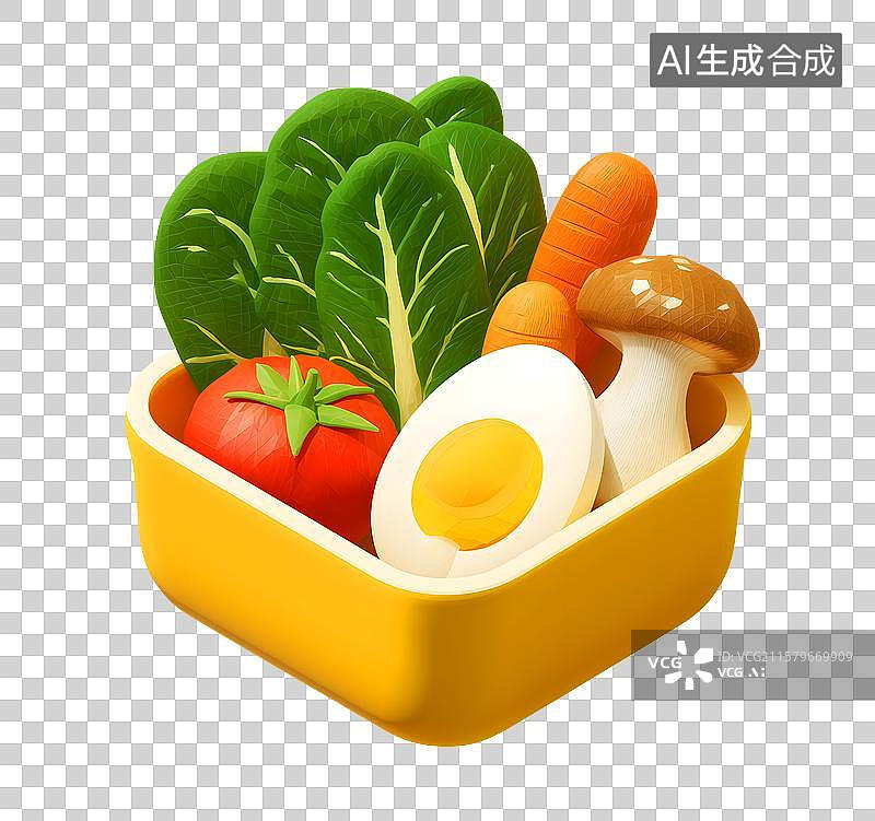 【AI数字艺术】3D卡通蔬菜鸡蛋香菇在碗里食物免抠元素图片素材