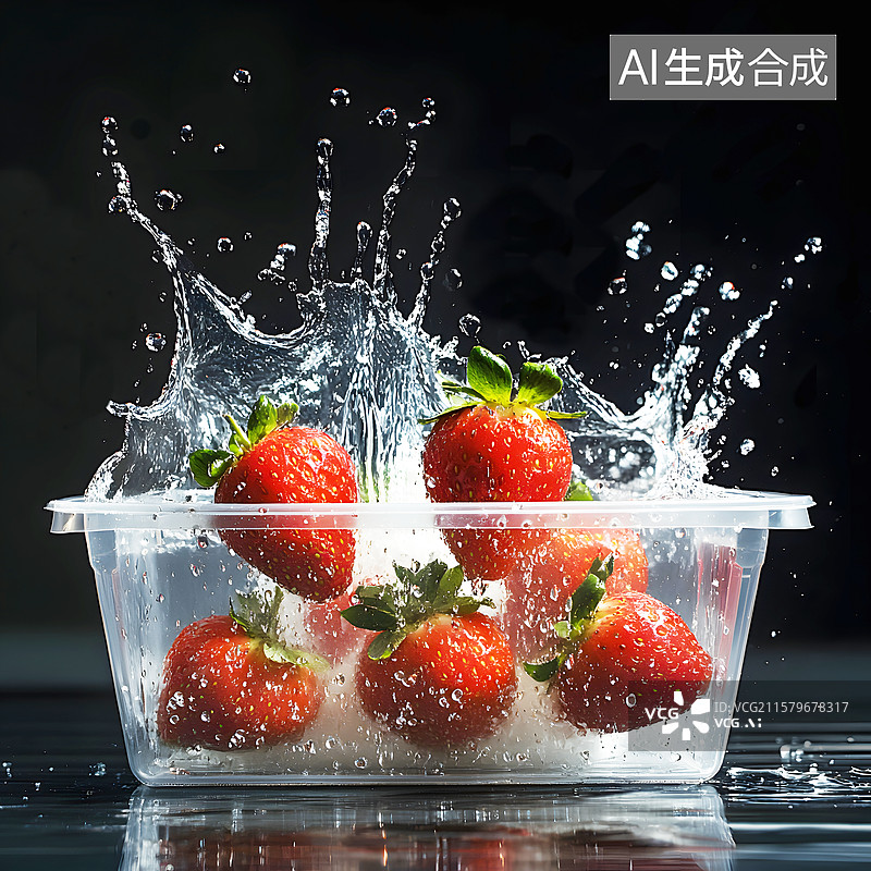 【AI数字艺术】AIGC：清洗新鲜的草莓飞溅的水滴图片素材