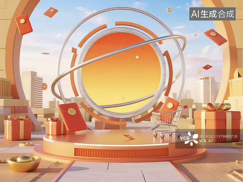 【AI数字艺术】未来科技城市双十一产品展示电商背景图片素材