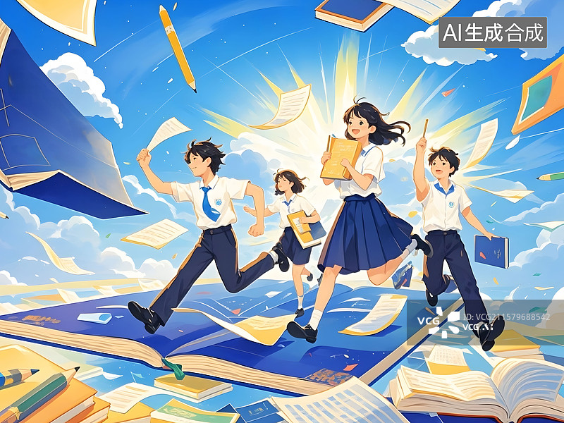 【AI数字艺术】一群快乐的学生奔跑在书海中图片素材