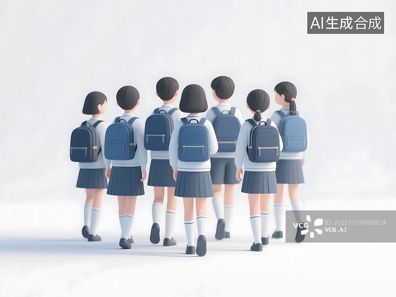 【AI数字艺术】白色背景下的一群背着书包的学生背影图片素材