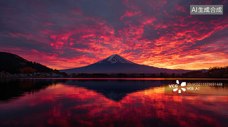【AI数字艺术】富士山湖畔日落倒影图片素材