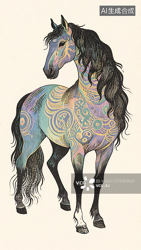 【AI数字艺术】亚麻油毡版画的异域风情少数民族色彩的有纹理的马图片素材