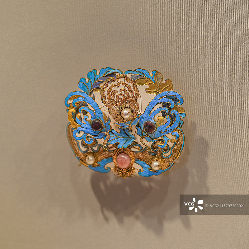 清代 银镀金点翠嵌珍珠宝石福寿纹簪 故宫博物院 珍宝馆图片素材