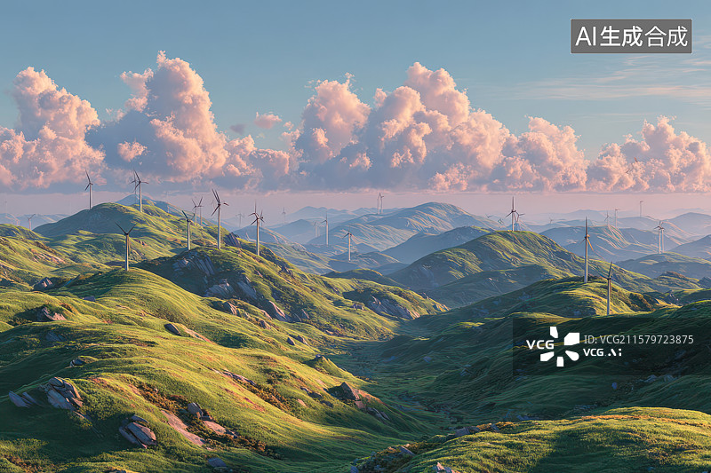 【AI数字艺术】蓝天白云绿丘风力发电风光图图片素材