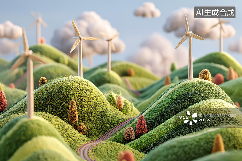 【AI数字艺术】蓝天白云绿丘风力发电风光图图片素材