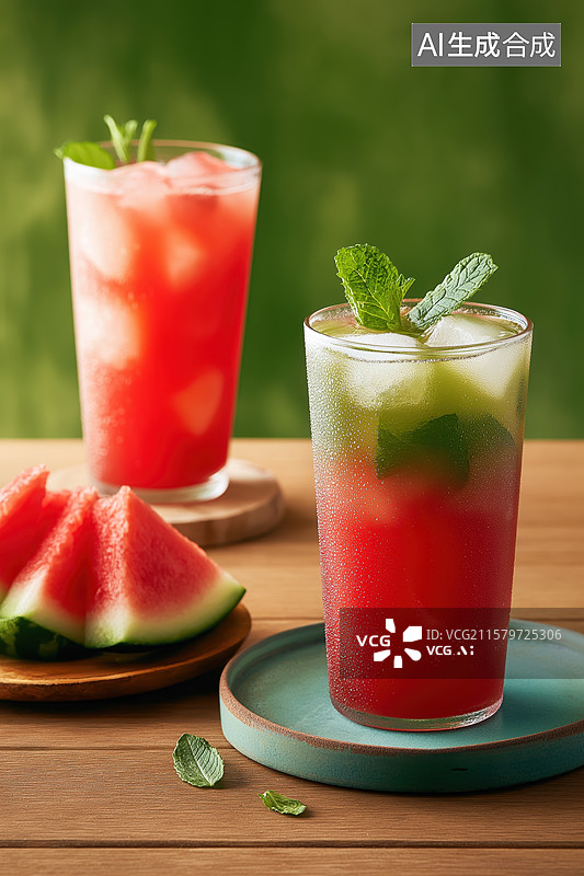 【AI数字艺术】西瓜汁饮品与薄荷装饰图片素材