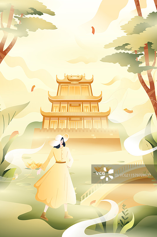 卡通秋季秋天踏秋处暑节气立秋学生情侣亲子游农耕秋分郊游旅游旅行古建筑自然风景中国风国潮风渐变矢量插画图片素材