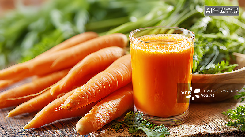 【AI数字艺术】AIGC：一杯胡萝卜汁和新鲜的胡萝卜图片素材
