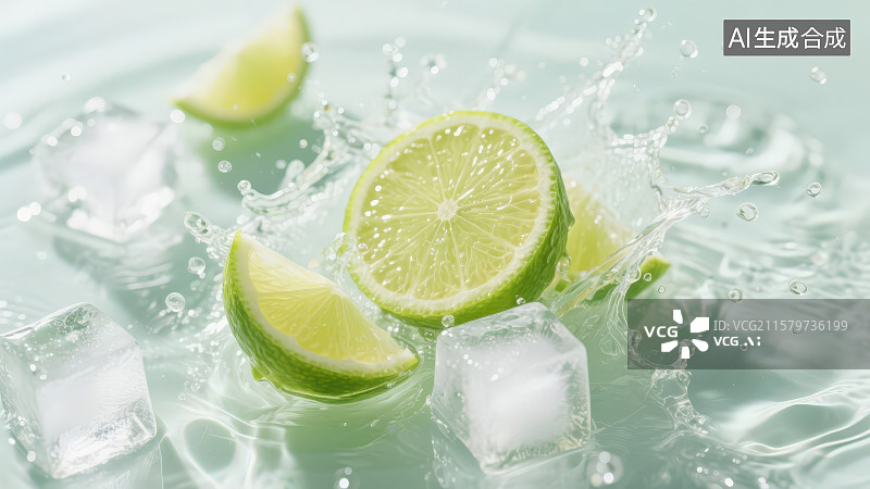 【AI数字艺术】柠檬片和冰块，夏季冰爽饮品饮料图片素材