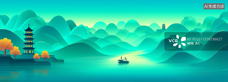 【AI数字艺术】山水环绕的古典建筑图片素材