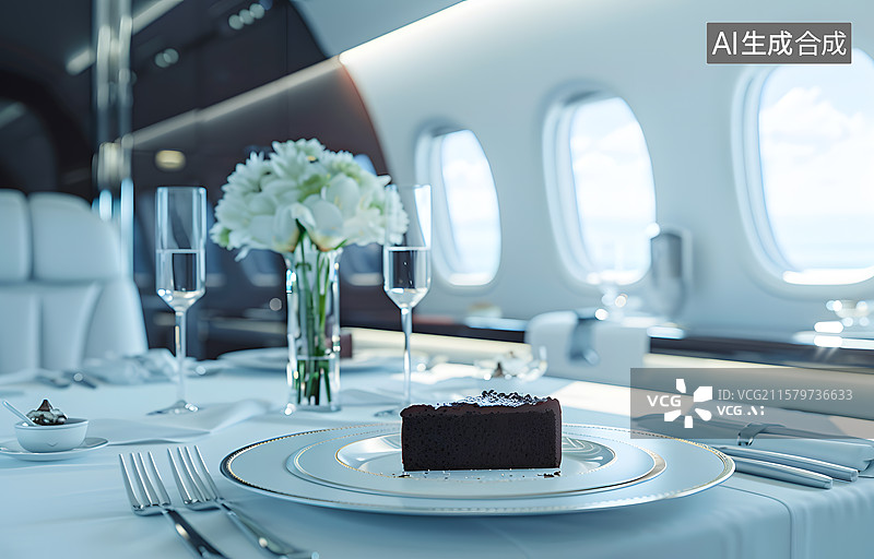 【AI数字艺术】飞机上的豪华座椅和餐具图片素材