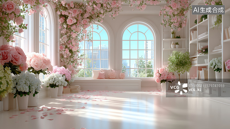 【AI数字艺术】花墙环绕的明亮窗景室内图片素材