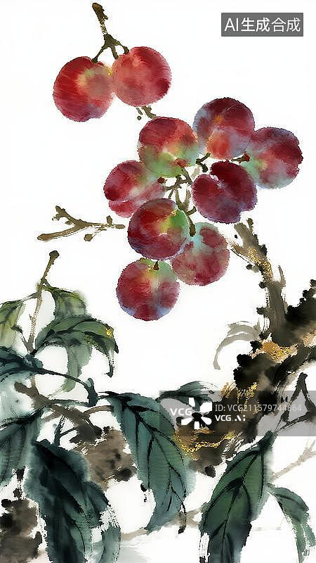 【AI数字艺术】水墨中国风水果插画一串李子杏子图片素材