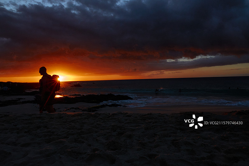 夏威夷风光 - 大岛白沙滩落日，霞光之下行走的背包客图片素材