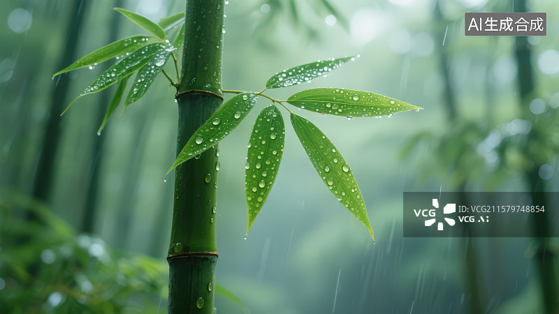 【AI数字艺术】静谧的竹林深处带水珠的青翠竹秆与竹叶片图片素材