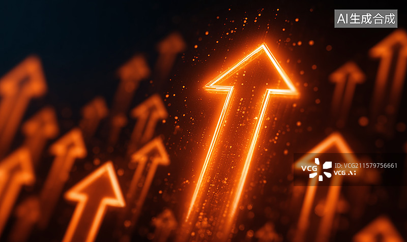 【AI数字艺术】橙色发光箭头呈现科技上升趋势，展现数据增长未来商业，打造简约现代的抽象创意艺术视觉场景 。图片素材