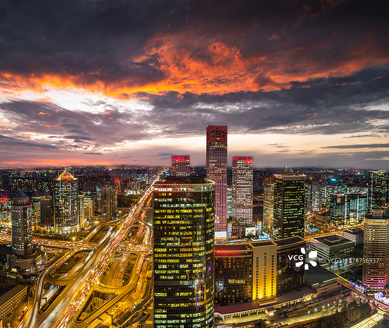 北京CBD中央商务区夜景航拍高清全景图图片素材