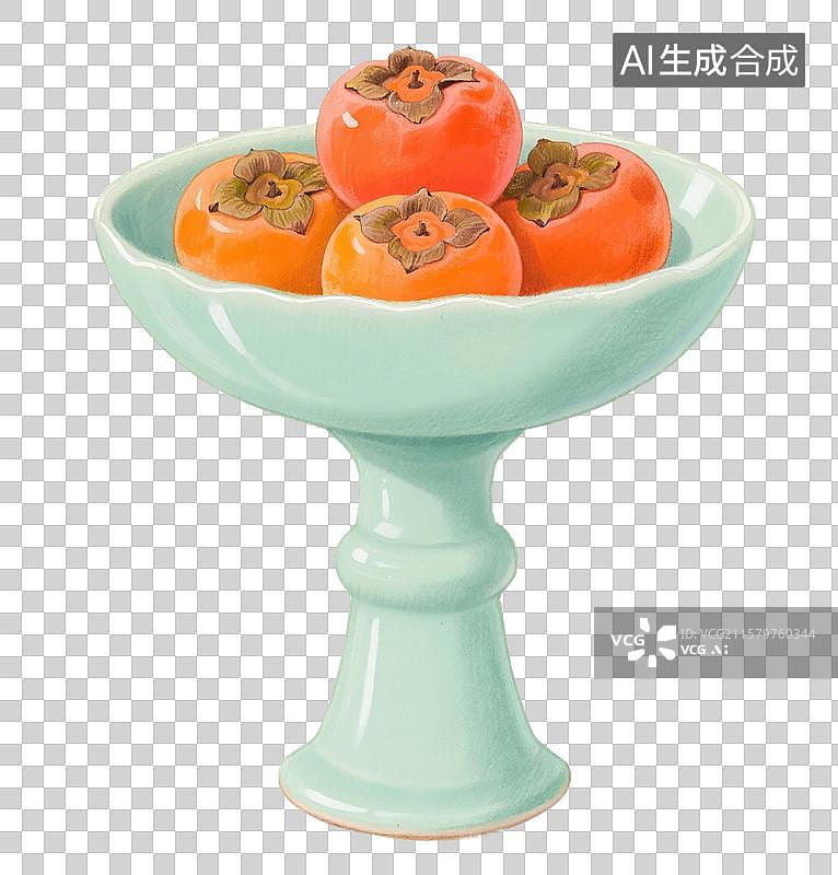 【AI数字艺术】国风手绘插画，青瓷盘子里的水果，柿子，秋天免抠元素图片素材