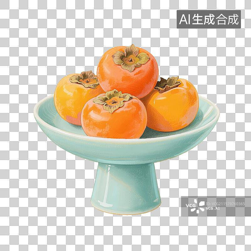 【AI数字艺术】国风手绘插画，青瓷盘子里的水果，柿子，秋天免抠元素图片素材
