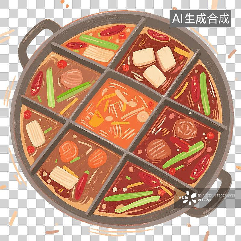 【AI数字艺术】国风手绘插画，卡通火锅，九宫格，麻辣火锅，川味火锅，重庆火锅，中国传统美食，免抠元素图片素材