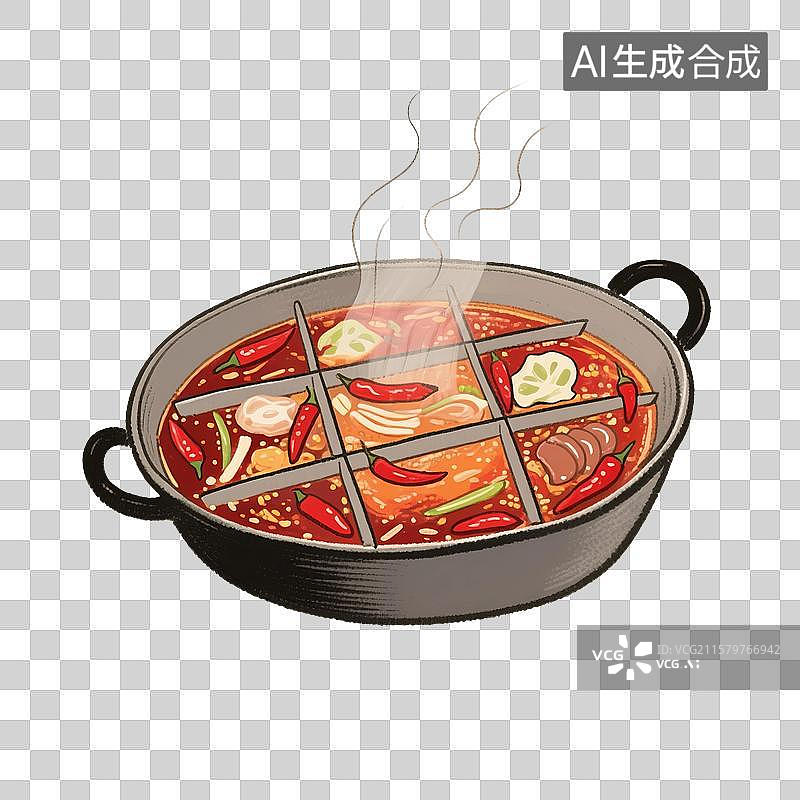 【AI数字艺术】国风手绘插画，卡通火锅，九宫格，麻辣火锅，川味火锅，重庆火锅，中国传统美食，免抠元素图片素材