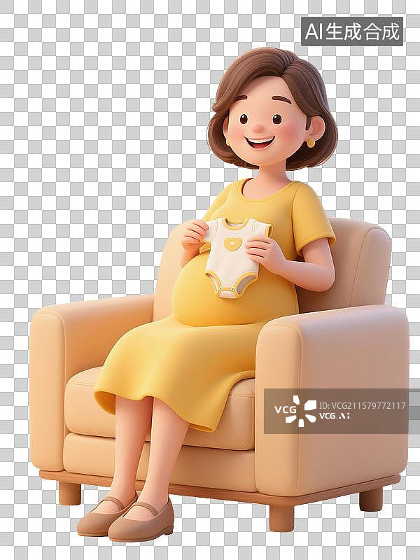 【AI数字艺术】3D渲染卡通人物，一个孕妇坐在沙发，手里拿着婴儿的衣服，怀孕，孕育，女性，母婴，妇科，产科，免抠元素图片素材