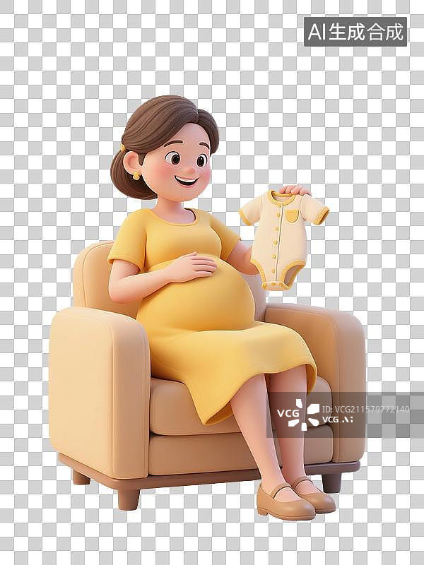 【AI数字艺术】3D渲染卡通人物，一个孕妇坐在沙发，手里拿着婴儿的衣服，怀孕，孕育，女性，母婴，妇科，产科，免抠元素图片素材