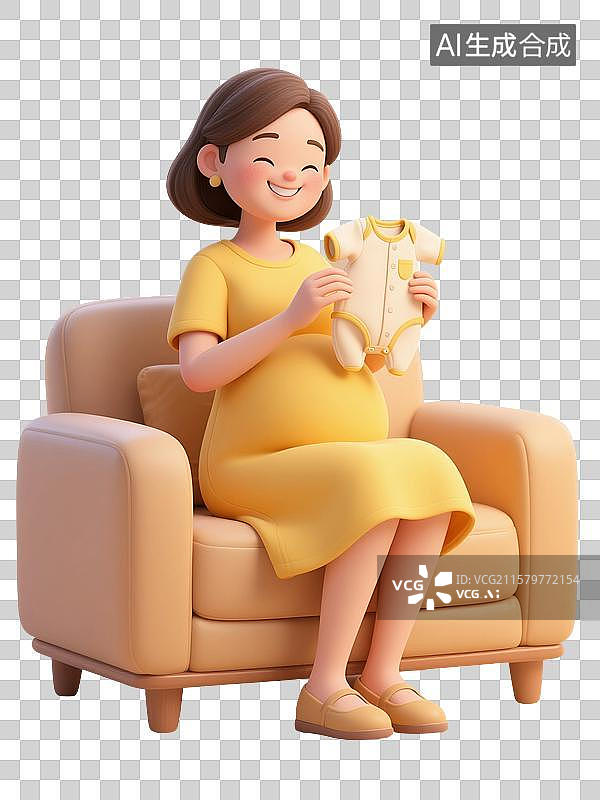 【AI数字艺术】3D渲染卡通人物，一个孕妇坐在沙发，手里拿着婴儿的衣服，怀孕，孕育，女性，母婴，妇科，产科，免抠元素图片素材