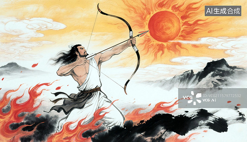 【AI数字艺术】古代神话传说故事水墨画 后羿射日弯弓射炎阳传奇插画背景图片素材