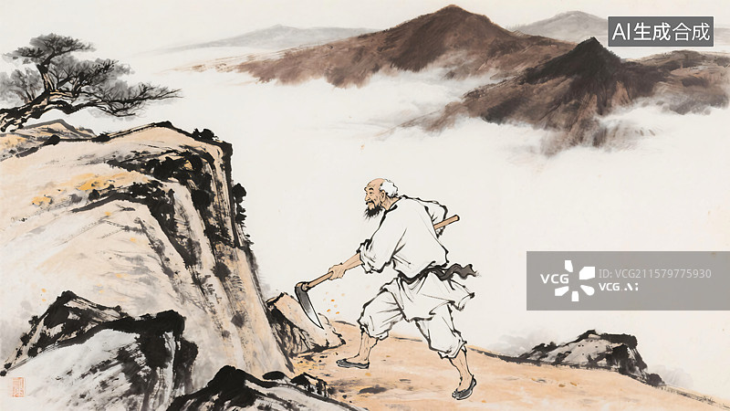 【AI数字艺术】古代神话传说故事水墨画 愚公移山的坚持不懈精神传说背景图片素材