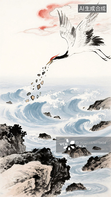【AI数字艺术】古代神话传说故事水墨画 精卫填海仙禽衔石大海传奇插画背景图片素材