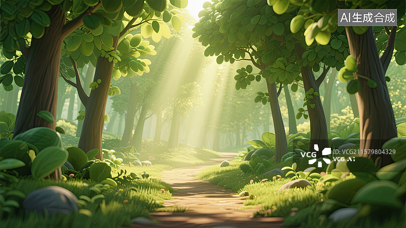 【AI数字艺术】森林，小路，阳光，丁达尔效应，插画图片素材